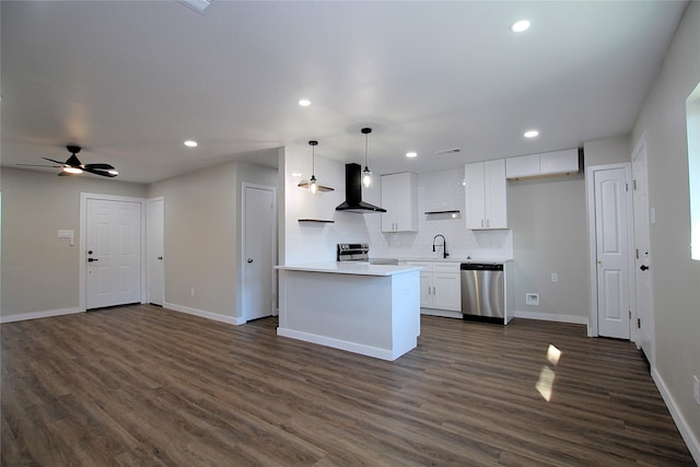 810 Laguna Dr, Garland, TX 75043 - kitchen with ventilation hood, stainless steel appliances, baseboards, white cabinetry, and recessed lighting