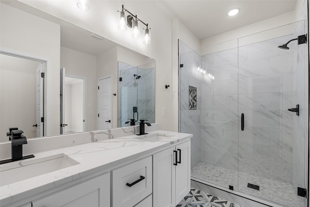 2325 Neches St, Granbury, TX 76048 - full bathroom featuring double vanity, a stall shower, and recessed lighting