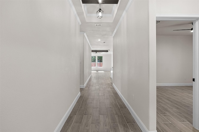 2325 Neches St, Granbury, TX 76048 - corridor with wood finish floors, ornamental molding, and baseboards