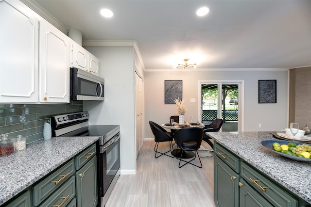 620 Admiralty Way, Fort Worth, TX 76108 - kitchen with stainless steel appliances, white cabinetry, decorative backsplash, crown molding, and light stone counters