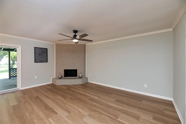 620 Admiralty Way, Fort Worth, TX 76108 - unfurnished living room featuring a ceiling fan, ornamental molding, light wood finished floors, baseboards, and a brick fireplace