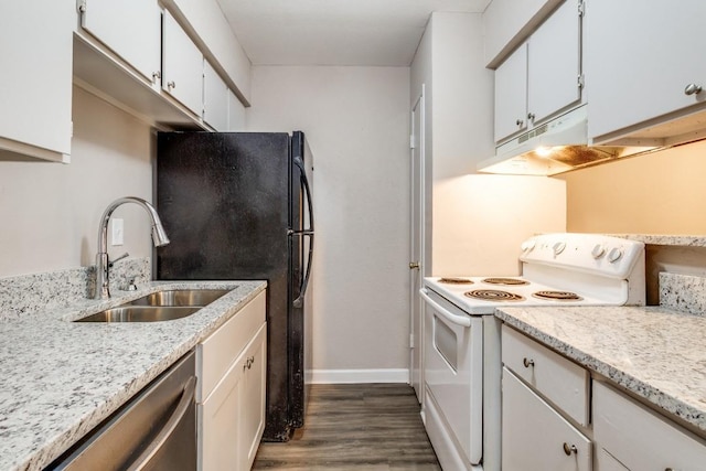 8110 Skillman St Unit 2054, Dallas, TX 75231 - kitchen with white electric stove, dark wood-style floors, dishwasher, under cabinet range hood, and white cabinetry