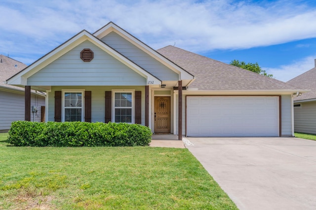 232 Lovers Path Dr, Springtown, TX 76082 - ranch-style home with a garage, a front lawn, driveway, and a shingled roof