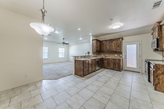 232 Lovers Path Dr, Springtown, TX 76082 - kitchen featuring appliances with stainless steel finishes, a sink, a peninsula, open floor plan, and light colored carpet