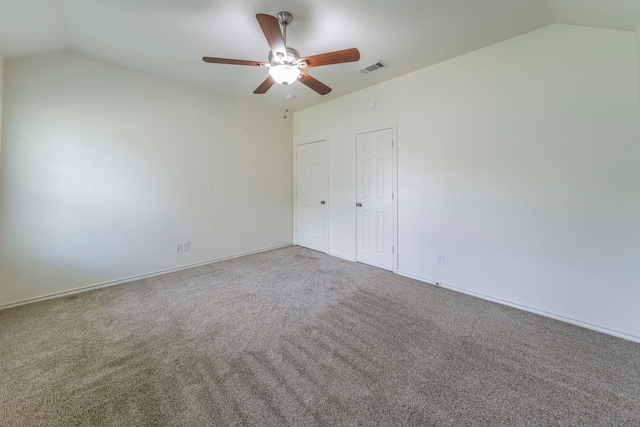 232 Lovers Path Dr, Springtown, TX 76082 - unfurnished bedroom featuring vaulted ceiling, carpet, baseboards, and ceiling fan