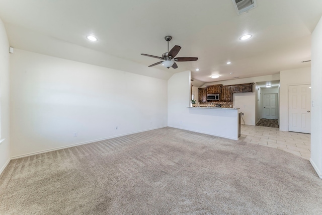 232 Lovers Path Dr, Springtown, TX 76082 - unfurnished living room featuring light colored carpet, a ceiling fan, baseboards, and recessed lighting