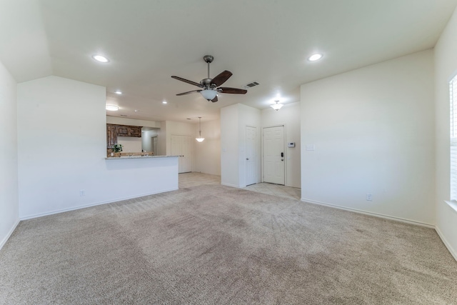 232 Lovers Path Dr, Springtown, TX 76082 - unfurnished living room featuring light carpet, ceiling fan, recessed lighting, and baseboards