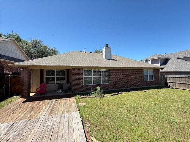 2801 Hereford Rd, Denton, TX 76210 - rear view of house featuring brick siding, a chimney, a wooden deck, and a shingled roof