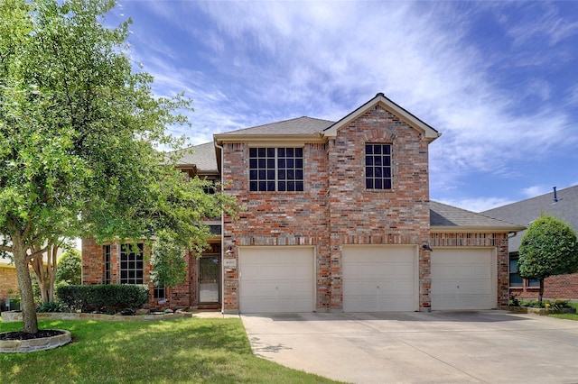4028 Burwood Dr, Fort Worth, TX 76262 - traditional-style house featuring concrete driveway, brick siding, a shingled roof, and a front yard