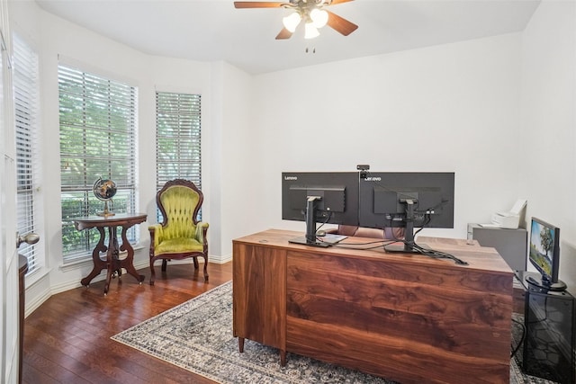 4028 Burwood Dr, Fort Worth, TX 76262 - home office featuring a ceiling fan, dark wood-style floors, and baseboards