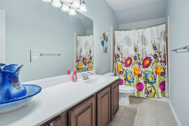 4028 Burwood Dr, Fort Worth, TX 76262 - bathroom with toilet, tile patterned flooring, vanity, vaulted ceiling, and a shower with curtain