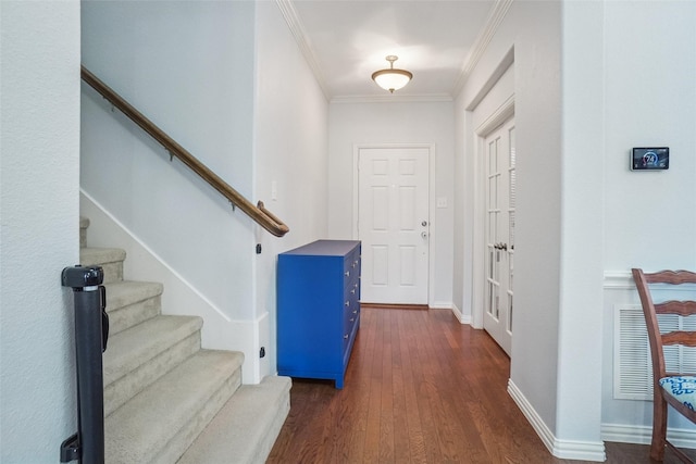 4028 Burwood Dr, Fort Worth, TX 76262 - entryway featuring dark wood-type flooring, stairway, crown molding, and baseboards