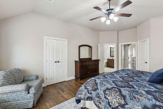 4328 Waterstone Rd, Fort Worth, TX 76244 - bedroom featuring vaulted ceiling, wood finished floors, connected bathroom, a ceiling fan, and baseboards