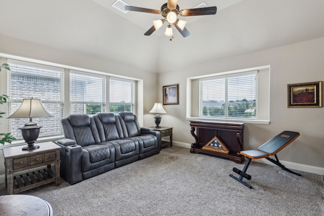 4328 Waterstone Rd, Fort Worth, TX 76244 - living area with plenty of natural light, carpet flooring, lofted ceiling, baseboards, and a ceiling fan
