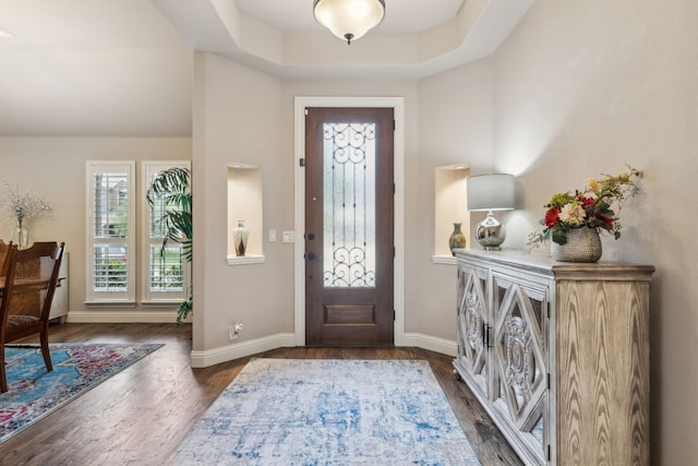 4328 Waterstone Rd, Fort Worth, TX 76244 - entryway with dark wood-style flooring, baseboards, and a tray ceiling