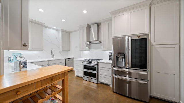 TBD Vz County Road 4418, Canton, TX 75103 - kitchen featuring appliances with stainless steel finishes, wall chimney exhaust hood, finished concrete flooring, recessed lighting, and a sink