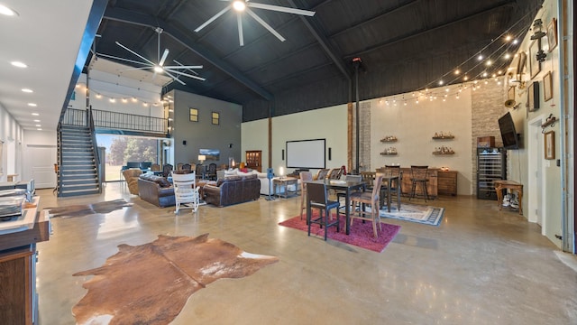 TBD Vz County Road 4418, Canton, TX 75103 - dining room featuring high vaulted ceiling, concrete flooring, beamed ceiling, and stairs