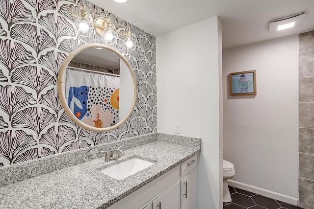 6325 Wallingford Dr, Fort Worth, TX 76133 - full bathroom featuring toilet, vanity, tile patterned floors, and wallpapered walls