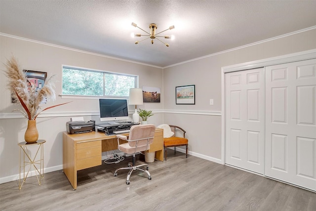 6325 Wallingford Dr, Fort Worth, TX 76133 - office space featuring a chandelier, wood finished floors, ornamental molding, a textured ceiling, and baseboards