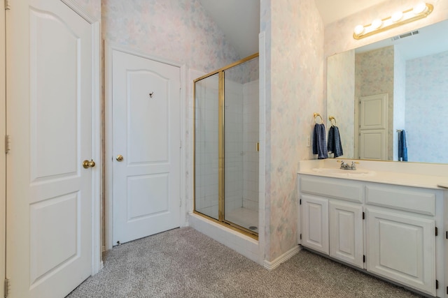 3528 Whitney Way, Hurst, TX 76054 - bathroom with a stall shower, vanity, wallpapered walls, and carpet floors
