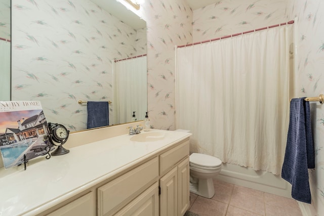 3528 Whitney Way, Hurst, TX 76054 - bathroom featuring wallpapered walls, vanity, toilet, tile patterned flooring, and shower / bathtub combination with curtain