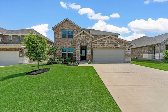 511 Rock Creek Dr, Princeton, TX 75407 - view of front of house with concrete driveway, a front yard, a garage, stone siding, and brick siding