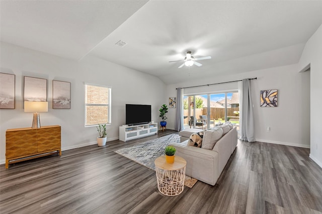 511 Rock Creek Dr, Princeton, TX 75407 - living room featuring ceiling fan, wood finished floors, baseboards, and vaulted ceiling