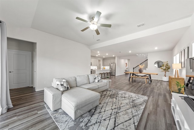 511 Rock Creek Dr, Princeton, TX 75407 - living room with stairway, ceiling fan, wood finished floors, recessed lighting, and baseboards