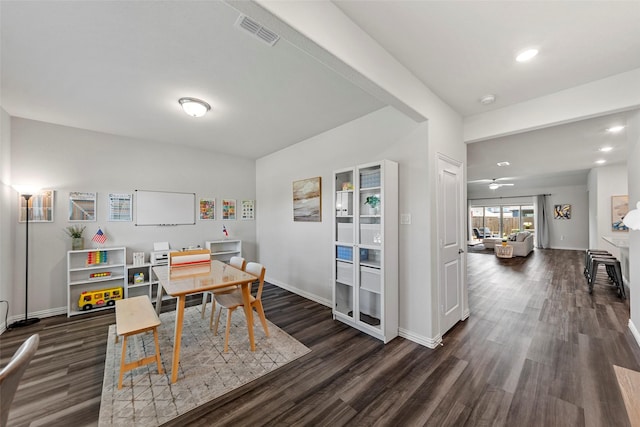 511 Rock Creek Dr, Princeton, TX 75407 - dining space with dark wood-style flooring, baseboards, a desk, recessed lighting, and a ceiling fan