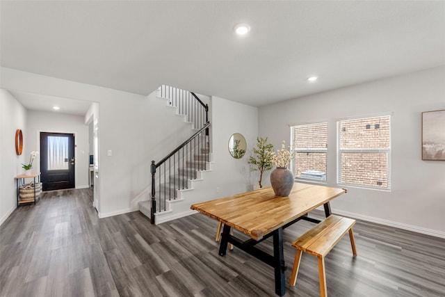 511 Rock Creek Dr, Princeton, TX 75407 - dining room with dark wood-style flooring, stairs, baseboards, and recessed lighting