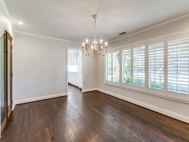 4432 Willow Ln, Dallas, TX 75244 - unfurnished room featuring a chandelier, baseboards, crown molding, and dark wood-style flooring