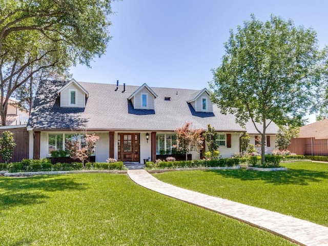 4432 Willow Ln, Dallas, TX 75244 - cape cod home featuring a front yard, stucco siding, and a shingled roof