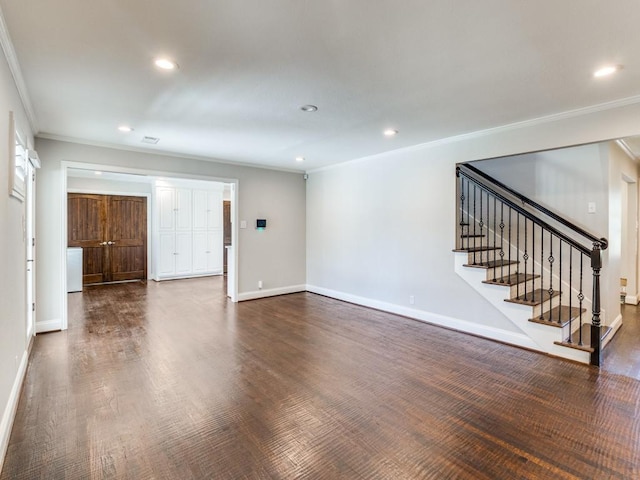 4432 Willow Ln, Dallas, TX 75244 - unfurnished living room featuring ornamental molding, recessed lighting, baseboards, stairway, and dark wood finished floors
