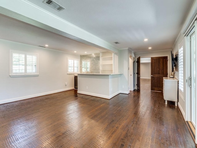 4432 Willow Ln, Dallas, TX 75244 - unfurnished living room featuring recessed lighting, ornamental molding, baseboards, and dark wood-style flooring