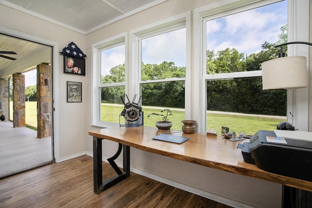 632 County Road 1952, Yantis, TX 75497 - office featuring dark wood-style flooring, baseboards, and crown molding