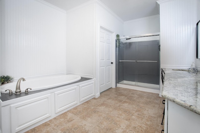 632 County Road 1952, Yantis, TX 75497 - full bathroom with a bath, a stall shower, vanity, crown molding, and stone finish floors