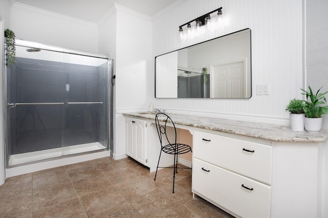 632 County Road 1952, Yantis, TX 75497 - full bath with ornamental molding, vanity, a shower stall, and stone finish flooring