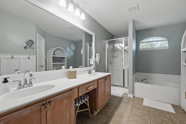 2304 Ranch House Dr, Denton, TX 76210 - bathroom featuring a stall shower, a garden tub, double vanity, and tile patterned flooring