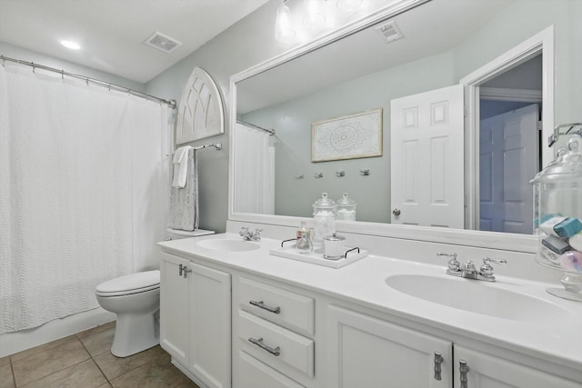 2304 Ranch House Dr, Denton, TX 76210 - full bathroom featuring tile patterned flooring, toilet, double vanity, and a shower with curtain