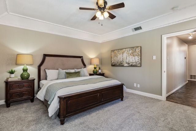 4406 Cobblers Ln, Dallas, TX 75287 - carpeted bedroom featuring baseboards, crown molding, and ceiling fan