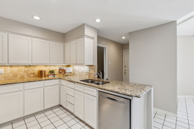 4406 Cobblers Ln, Dallas, TX 75287 - kitchen with dishwasher, a sink, light tile patterned flooring, backsplash, and recessed lighting