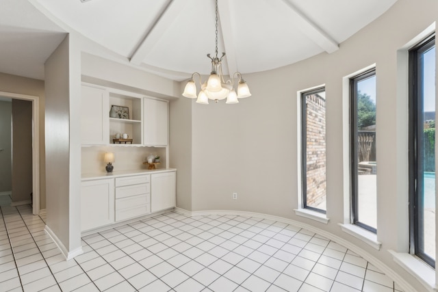 4406 Cobblers Ln, Dallas, TX 75287 - unfurnished dining area with light tile patterned floors, a chandelier, and baseboards