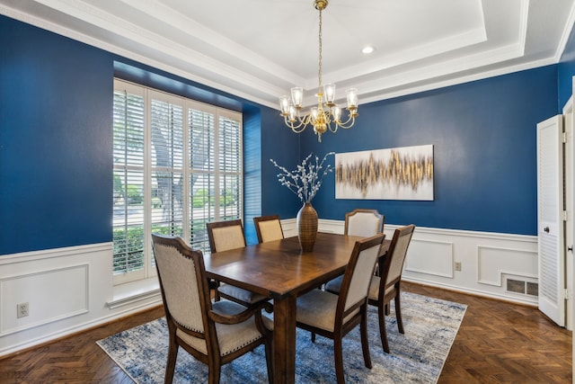 4406 Cobblers Ln, Dallas, TX 75287 - dining room with a chandelier, a raised ceiling, a wainscoted wall, a decorative wall, and recessed lighting