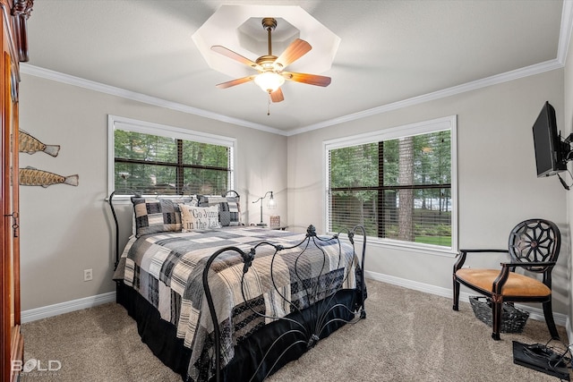1863 Glen Cove Dr, Benton, LA 71006 - bedroom with carpet floors, ornamental molding, baseboards, and ceiling fan