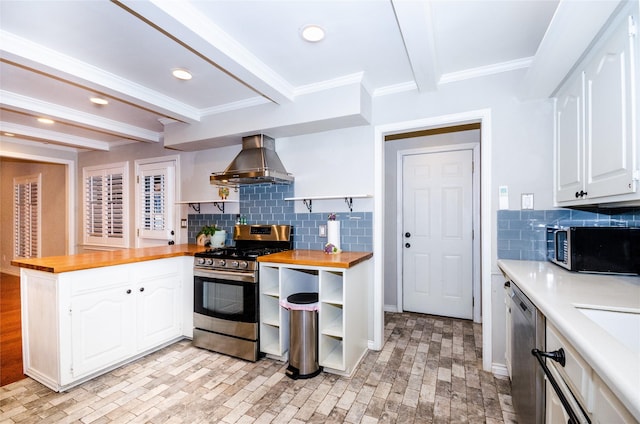 3824 Wagonwheel Ct, Plano, TX 75023 - kitchen featuring range hood, stainless steel appliances, butcher block counters, beamed ceiling, and open shelves