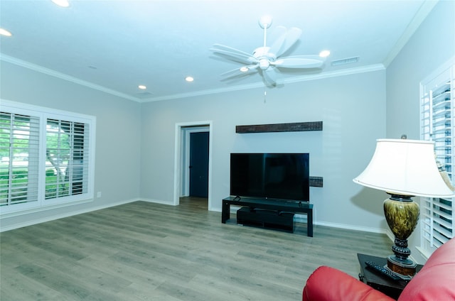 3824 Wagonwheel Ct, Plano, TX 75023 - living room featuring healthy amount of natural light, ornamental molding, recessed lighting, wood finished floors, and baseboards