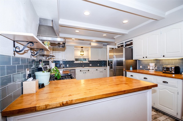 3824 Wagonwheel Ct, Plano, TX 75023 - kitchen featuring butcher block countertops, stainless steel fridge, decorative backsplash, crown molding, and beam ceiling