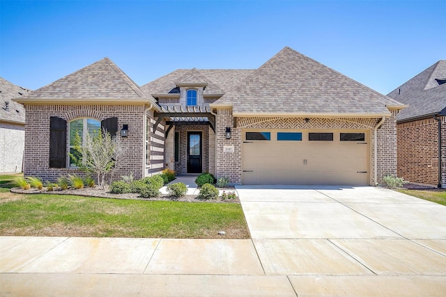 6145 Lucia Dr, Fort Worth, TX 76123 - french provincial home featuring brick siding, an attached garage, driveway, and roof with shingles