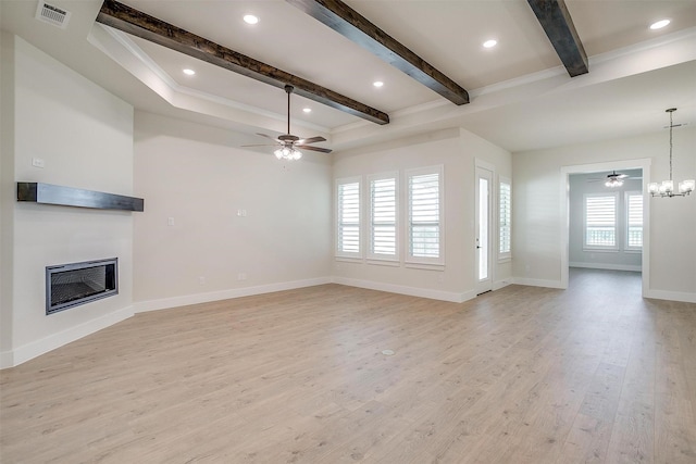 6145 Lucia Dr, Fort Worth, TX 76123 - unfurnished living room featuring beam ceiling, a fireplace, ceiling fan, light wood-style flooring, and ornamental molding
