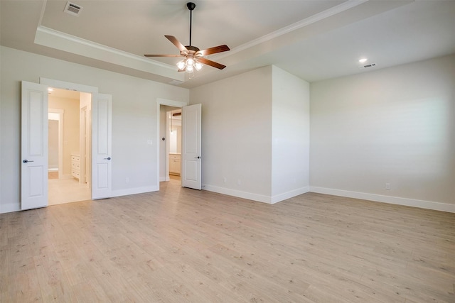 6145 Lucia Dr, Fort Worth, TX 76123 - unfurnished bedroom with a tray ceiling, light wood-type flooring, baseboards, ornamental molding, and recessed lighting
